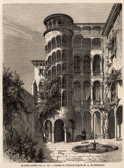 La Scala Antica, teckning av Therond, för att illustrera Adalbert de Beaumonts resa till Venedig, omkring 1850. Gravyr i "" Le tour du monde", redigerad av Edouard Charton av Emile Theodore Therond