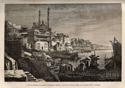 Madhorays ghat (trappsteg som täcker en flods stränder som låter dig gå ner i kontakt med vatten) och Aurangzeb-moskén i Benares, graverad efter teckningen av E. Therond, som illustrerar Rajahernas resa till Indien, 1864-1868 , av Louis Ro av Emile Theodore Therond