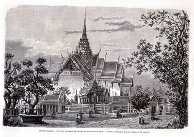 Slottsträdgård. Paviljong som innehåller askan från den siste kungen av Siam. Teckning av Thérond från M. Mouhots album. “Tour du monde” av Emile Theodore Therond