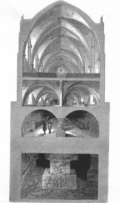 Sektionsvy av köket, källarna och katakomberna i Napoleons gymnasieskola i Paris (gravyr) av Emile Theodore Therond