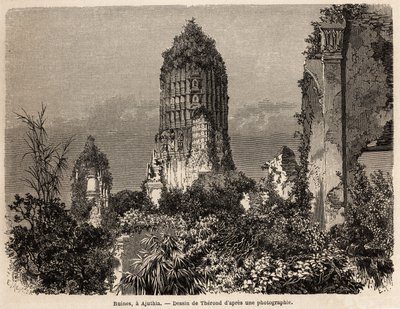 Ruinerna tagna i djungelns vegetation, i Ajuthia (Thailand), teckning av Therond, för att illustrera resan genom kungadömena Siam, Kambodja och Laos, från 1858 till 1861, av Henri Mouhot. Gravyr i "" Le tour du monde", redigerad av Edouard av Emile Theodore Therond