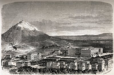Utsikt över Athens Grekland, teckning av Therond, för att illustrera historien om M.A.Proust, en vinter i Aten av Emile Theodore Therond