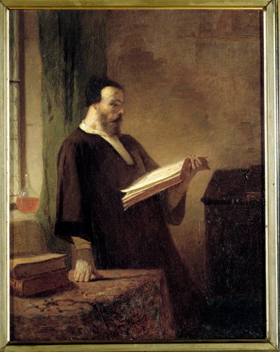En bibliofil En man som läser en bok. Målning av Emile Vaude (1819-1884) Troyes Museum of Fine Arts från 1800-talet av Emile Vaude
