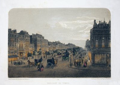 Boulevard du Temple, Paris. Litografi akvarell, illustration av E.de la Tramblaiz, i "Album, souvenirs de Paris", Daziaro-redaktör, Paris av Emile de la Tramblais