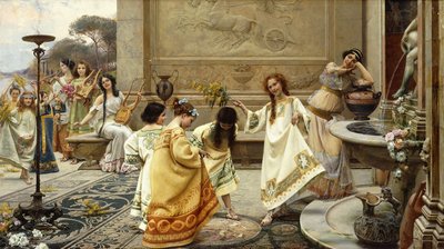 Fontinales: fontänernas högtid; Fontinales: Fete des Fontaines (olja på duk med tre horisontella paneler, en signerad, satt i t) av Emilio Vasari