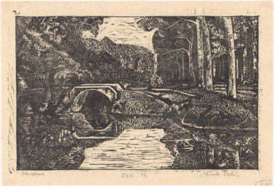 Bro över en kanal i en skog av Emilius Wilhelmus Dehé (signed by artist)