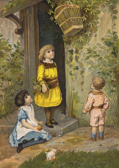 Barn som beundrar en hängande korg (chromolitho) av Emily Jane Harding Andrews
