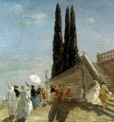 Avresa till maskeraden. Avfärd till maskeraden. Målning av Emma Ciardi (1879-1933 Italien) Privat samling av Emma Ciardi