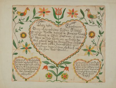 Fraktur - Födelse- och dopbevis av Emma M. Krumrine