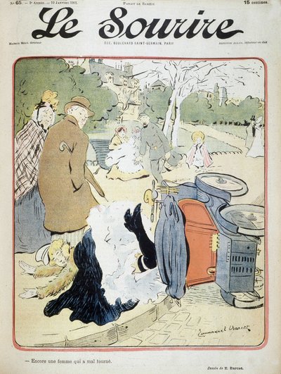 Bilolycka: "En annan kvinna som går fel."" Illustration av Emmanuel Barcet (1870-1940) - i "" Le Smile"" från 1901-01-19 av Emmanuel Barcet