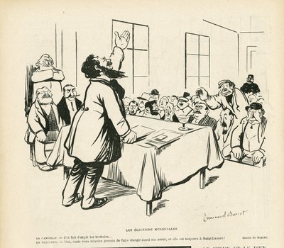 Illustration av Emmanuel Barcet (1870-1940) i Le Rire, 09/05/08 - Kommunalval - Val, Politiskt möte, möte, valmöte, kommunala val av Emmanuel Barcet