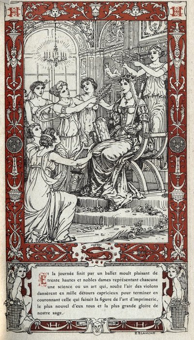 Balett i slottet Fontainebleau under vilken damerna vid kung Henrik II:s hov (1519 - 1559) representerar varsin vetenskap eller konst. Gravyr av 1914 av Emmanuel Blanche (1880-1946).DR Privat samling. av Emmanuel Blanche