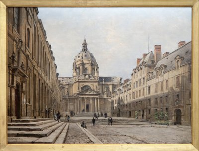 Utsikt över innergården i den gamla Sorbonne 1886, den gamla ensemblen av Sorbonne byggd på 1600-talet på begäran av Richelieu förstördes för att byggas om och utvidgas mellan 1885 och 1901. Byggnader inspirerade i Louis XIII-stilen var designade av Emmanuel Lansyer