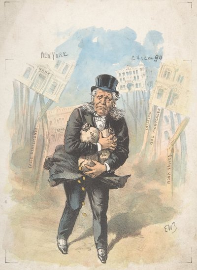 Man håller i pengapåsar medan banker kollapsar, sent 1800-tidigt 1900-tal. av Emmanuel Wyttenbach