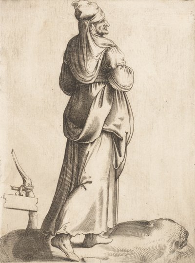 Kostymtallrik: Bondkvinna från Spanien, ca. 1555-58. av Enea Vico