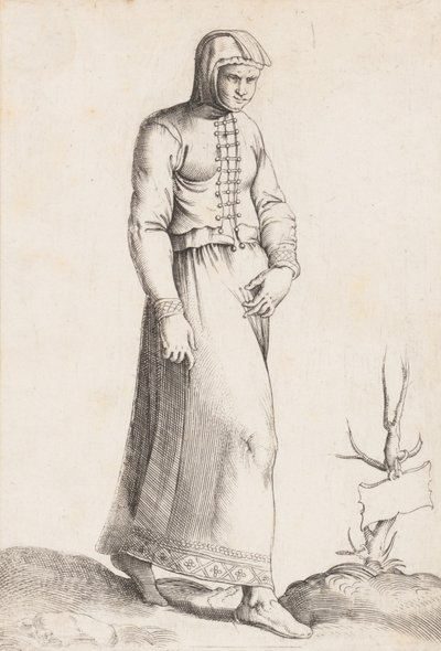 Kostymtallrik: Kvinna med huvplagg, ca. 1557-58. av Enea Vico