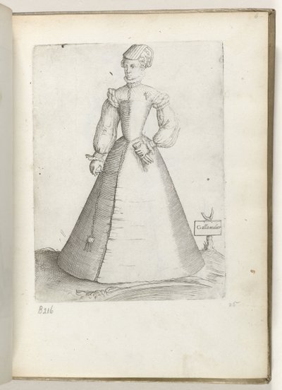Galla Mulier (titel på objekt) En gift kvinna från Frankrike, klädd i mode från ca 1550 Diversarum gentium nostrae aetatis habitus (serietitel) av Enea Vico