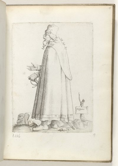 Spanska (titel på objekt) Oude man, to links, in Spanishe klädsel. ca. 1550 Attityderna hos olika nationer i vår tid (serietitel) av Enea Vico
