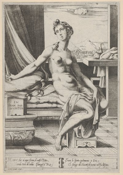 Lucretia naken och sittande framför ett fönster, en dolk i sin högra hand och håller d..., ca. 1535-67. av Enea Vico