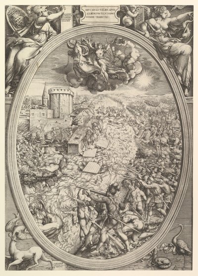 Slaget vid Mühlberg med Charles V:s armé som korsade floden Elbe, 1551. av Enea Vico
