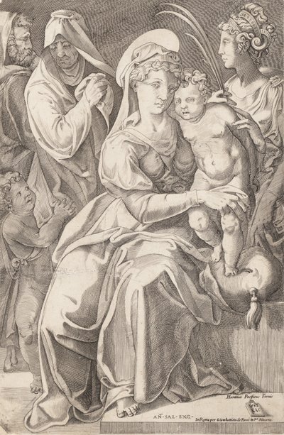 Den heliga familjen med St. Anne och St. Catherine, 1542, publicerad 1627-50. av Enea Vico