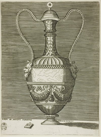 Vas med två groteska masker, tallrik sex från A Series of Vases Drawn After the Antique av Enea Vico