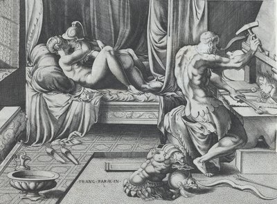 Venus och Mars omfamnar när Vulcan arbetar i sin smedja, 1543. av Enea Vico