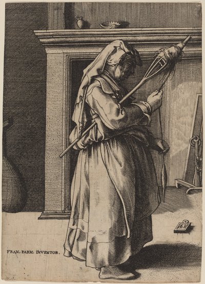 Gammal kvinna med en distaff av Enea Vico after Parmigianino