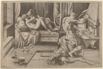 Venus och Mars omfamnar med Vulcan vid hans smedja av Enea Vico after Parmigianino