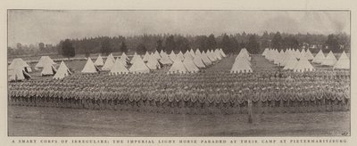En smart Corps of Irregulars, Imperial Light Horse paraderade vid deras läger i Pietermaritzburg av English Photographer
