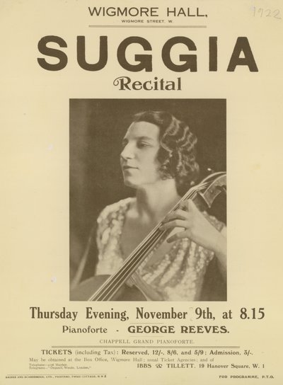 Annonsera för en Suggia-recital i Wigmore Hall av English Photographer