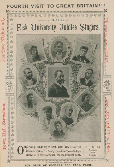 Annonsera för ett framträdande av The Fisk University Jubilee Singers av English Photographer