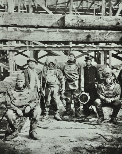 Blackfriars Bridge: byggnadsarbetare poserar med utrustning, 1869 av English Photographer