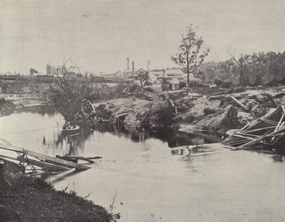 Burnley Bridge, över Yarra, efter översvämningarna i juli 1891 av English Photographer
