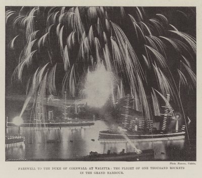 Farväl till hertigen av Cornwall vid Valetta, flyget av tusen raketer i Grand Harbor av English Photographer