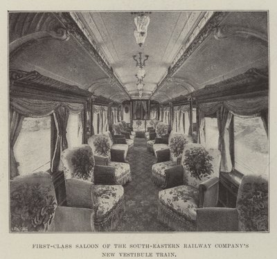 Förstklassig salong av South-Eastern Railway Companys nya vestibulståg av English Photographer