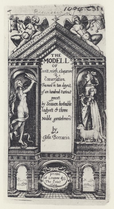 G Boccaccio, The Modell of Witt, Decameron, T Cotes för B Allen och W Hope 1634 (s/v foto) av English Photographer