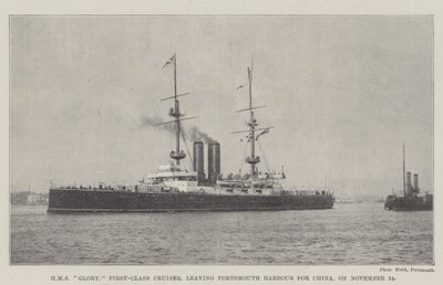 HMS Glory, förstklassig kryssare, lämnar Portsmouths hamn för Kina den 24 november av English Photographer