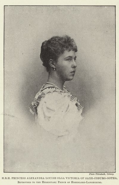 HKH Prinsessan Alexandra Louise Olga Victoria av Saxe-Coburg-Gotha, trolovad med arvprinsen av Hohenlohe-Langenburg av English Photographer
