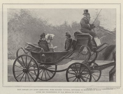 Kung Edward och drottning Alexandra, tillsammans med prinsessan Victoria, återvänder till Marlborough House efter utdelningen av krigsmedaljer den 12 juni av English Photographer