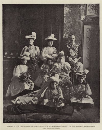 Lady Margaret Grosvenors äktenskap med prins Adolphus av Teck i Eaton Hall, Chester, bruden, brudgummen och brudtärnorna av English Photographer