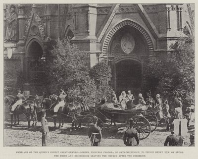 Äktenskap mellan drottningens äldsta barnbarnsbarn, prinsessan Feodora av Saxe-Meiningen, med prins Henrik XXX av Reuss, bruden och brudgummen som lämnar kyrkan efter ceremonin av English Photographer