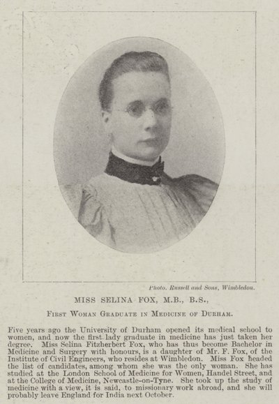Miss Selina Fox, MB, BS, First Woman Graduate in Medicine of Durham av English Photographer