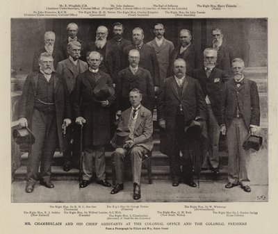 Mr Chamberlain och hans chefsassistenter vid kolonialkontoret och kolonialpremiärministern av English Photographer