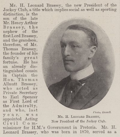 Mr H Leonard Brassey, ny ordförande för jockeyklubben av English Photographer