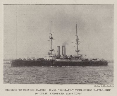 Beställd till Chinese Waters, HMS Goliath, Twin Screw Battle-Ship, 1:a klass, pansar, 12 950 ton av English Photographer