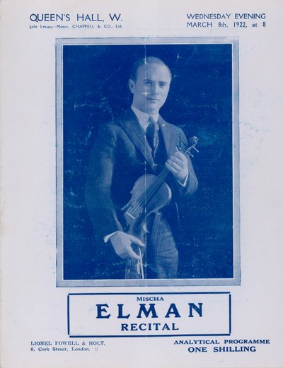 Program för Mischa Elman recital, Queens Hall, den 8 mars 1922 av English Photographer