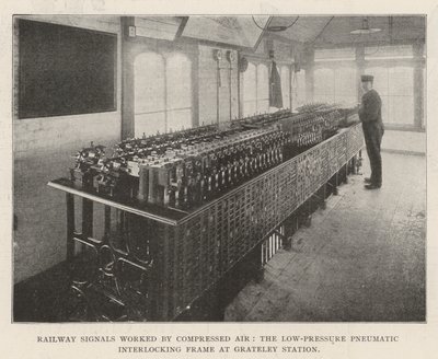 Järnvägssignaler arbetade av Compressed Air, den pneumatiska lågtrycksramen vid Grateley Station av English Photographer