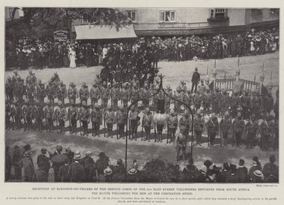 Mottagning på Kingston-on-Thames av Service Corps of the 2nd East Surrey Volunteers återvände från Sydafrika, borgmästaren välkomnade männen vid kröningsstenen av English Photographer