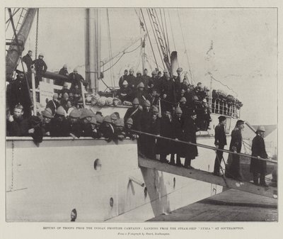 Truppernas återkomst från Indian Frontier Campaign, landning från Steam-Ship Nubia vid Southampton av English Photographer
